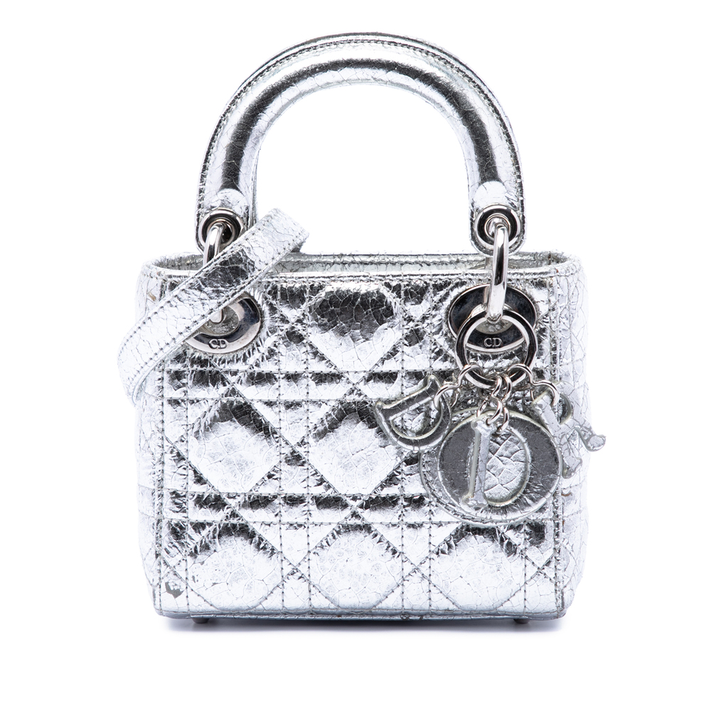 Pre-Loved Dior Micro Metallic Crinkled Calfskin Cannage Lady Dior